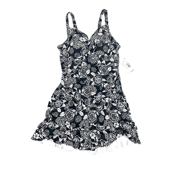 Swim Solutions Black White Floral Swim Dress One Piece 8 NWT - Picture 2 of 5